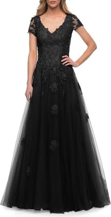 La Femme Tulle A Line Gown with Lace Applique and V Neck in Black at Nordstrom, Size 4