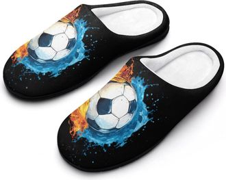 Generic Water And Fire Soccer Ball Mens House Slippers Memory Foam Washable Cotton Slip on Home Shoes