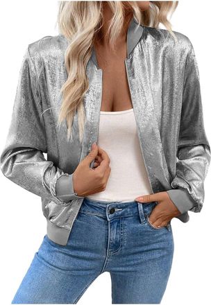 Generic Sequin Jacket Women Sparkly Sequin Bomber Jacket Coat Long Sleeve Open Front Zip Up Jackets Ladies Glitter Tops Biker Shiny Club Party Jackets Metalli