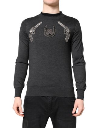 Dolce & Gabbana Mens Embroidered Cashmere Crew Neck Sweater Gray Clothing