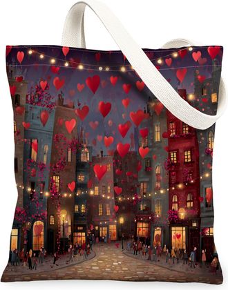 Generic Heart Pattern Canvas Tote Bags, Romantic Love Design Reusable Grocery Bags, Vintage Artistic Lightweight Washable Shoulder, Red, 13x15 Inch