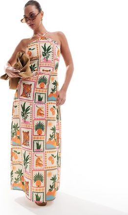 Vero Moda Vestito lungo allacciato al collo con stampa tropicale effetto cartolina-Multicolore