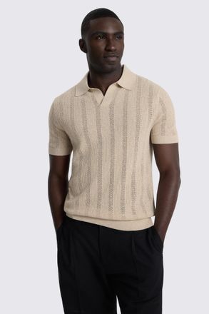 Moss Light Beige Pointelle Linen-Blend Skipper Polo Shirt