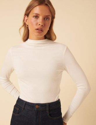 Nobody's Child White Ribbed High Neck Long Sleeve Top