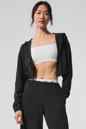 Alo | Cropped Breezy Full-Zip Hoodie in Black, Size: Large