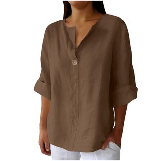 Generic Womens Tops Cotton Linen Shirts Summer Three Quarter Sleeve Cheesecloth V Neck Work Blouse Plus Size Ladies Tunic Tops T-Shirts Solid Color Casual Shi