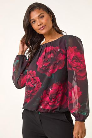 Roman Floral Print Sequin Top