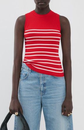 Mango Stripe Sleeveless Rib Knit Top in Red at Nordstrom, Size Medium