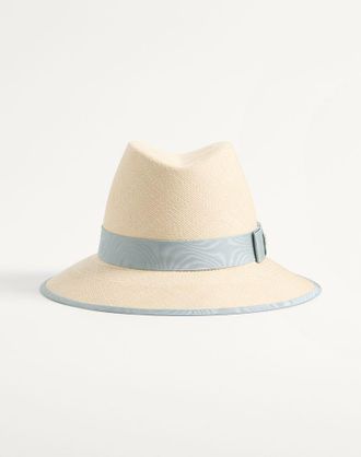 Valentino Garavani Cappello VLogo Signature in paglia con nastro in moire Donna NATURALE/AZZURRO 55