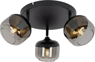 QAZQA Qazqa Dise&ntilde;o Foco De Dise&ntilde;o Negro Con Dorado Y Cristal Ahumado 3-luces Redondo - Kyan Vidrio /acero Redonda Adecuado Para Led Max. 3 X 40 Watt