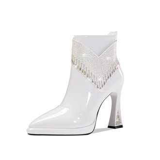 TinaCus Womens Pointed Toe Genuine Leather Handmade Rhinestones Decor Zip Up High Heels Ankle Boots, White, 4.5 UK