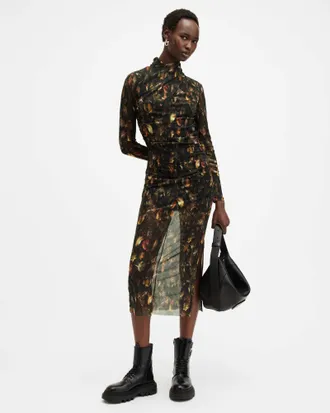 AllSaints Tia Mesh Printed Midi Dress
