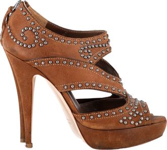 Miu Miu Studded Peep-Toe Platform Pumps in Brown Leather