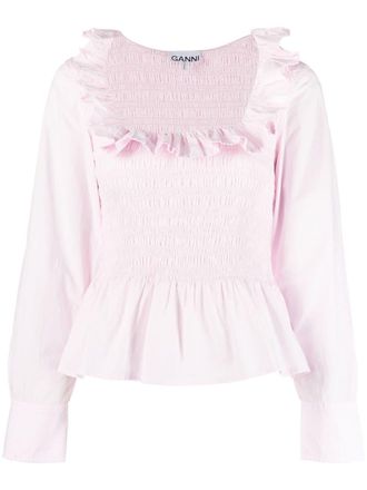 Ganni ruffle-trim shirred top - women - Organic Cotton - 32 - Pink