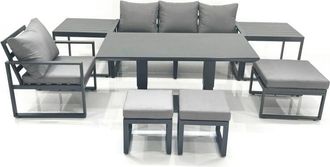 Fimous Fimous 7 Seater Garden Sofa Set Aluminium Furniture Rising Dining Tabe Set with Chair 3 Footstool 2 Side Tables Dark Grey