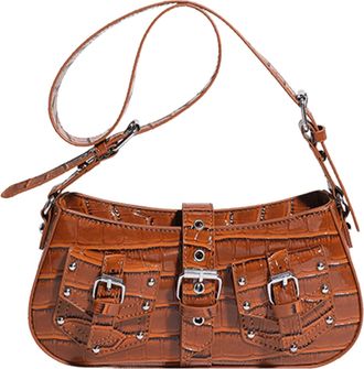 Generic Cymwer Women PU Leather Rivet Sling Bag Belt Buckle Underarm Bag Date Handbag (Brown)