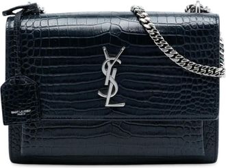 Saint Laurent Borsa a tracolla Sunset media con design trapuntato effetto coccodrillo e monogramma 2018 - Nero