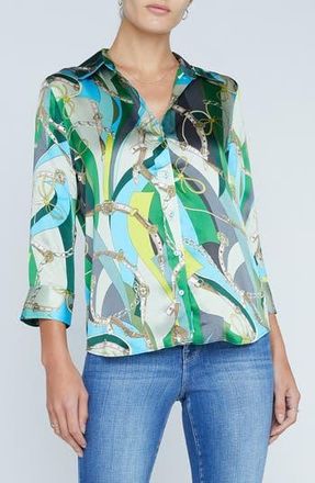 L'agence Dani Mixed Print Silk Button-Up Shirt in Sea Green Multi Belt Swirl at Nordstrom Rack, Size X-Large