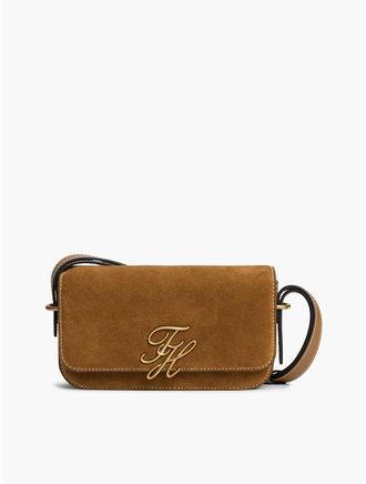 Tommy Hilfiger Womens Script Monogram Suede Crossbody Bag - Cognac