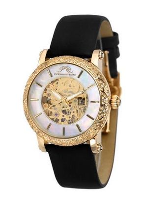 Porsamo Bleu Liza Automatic Silk Covered Leather Strap Watch, 38mm in Black-Gold at Nordstrom Rack