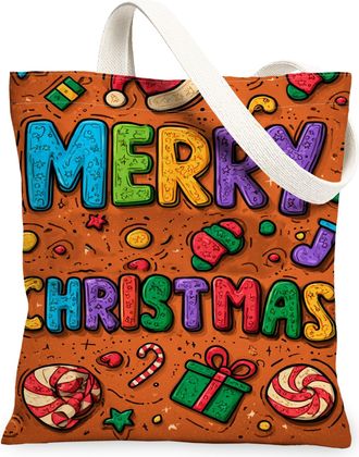 Generic Christmas Fun Canvas Tote Bags, Festive Holiday Pattern Reusable Grocery Bags, Lightweight Washable Shoulder Strap Canvas F, Brown, 13x15 Inch