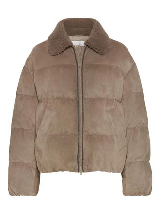 Brunello Cucinelli Monili-detail jacket - women - Leather/Suede/Goose Down/Goose Feather/Lamb Shearling - 36 - Neutrals
