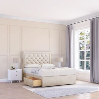 Sloomy Montana Plush Bed Set With 2 Drawers, Mattress & 26 Headboard in Cream | Size: King