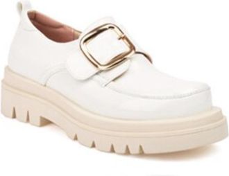 Generic Womens Round Toe Loafers with Metal Buckle Patent Upper Chunky Platform Textured Sole Pull Tab Slip-On Casual and Dress Ready Design,White,6.5 UK