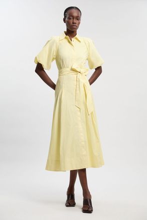 Karen Millen Womens Cotton Puff Sleeve Woven Midi Shirt Dress With Dropped Waist Detail - Yellow - Size 14 UK