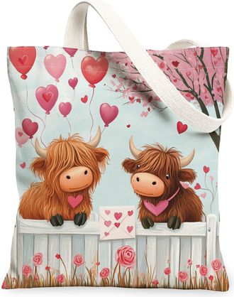 Generic Valentines Day Highland Cow Canvas Tote Bag for Shopping 13x15, Farmhouse Country Animal Couple Reusable Grocery Print Pattern Bag for Women, Lover Be