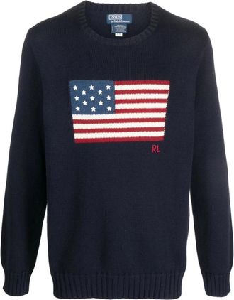 Ralph Lauren Flag Katoenen Sweater - Heren - Ronde hals truien - Blauw - S - Katoen - Truien & Vesten