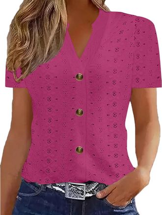 Generic Ladies Blouses, Vintage Floral Print Shirts Summer V Neck Short Sleeve Blouse Eyelet Embroidery T-Shirt Going Out Top for Women Causal Clothes Womens 