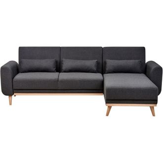 Beliani Divano letto moderno ad angolo Lato sinistro Tessuto Poliestere Rivestimento Gambe in legno chiaro Cuscini extra Nero Ollsta