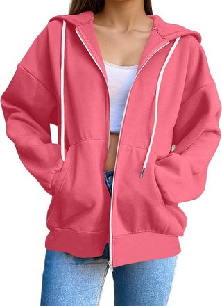 Generic Hoodies for Women UK Long Sleeve Hooded Solid Color Zip Up Cardigans Casual Pullover Baggy Sweatshirt with Pockets Activewear Ladies Lightweight Casua