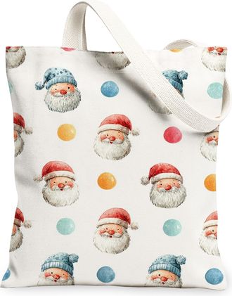 Generic Santa Pattern Canvas Tote Bags, Fun Holiday Design Reusable Shopping Bags, Lightweight Washable Shoulder Strap Canvas for Grocery Travel Beach 13x15 I