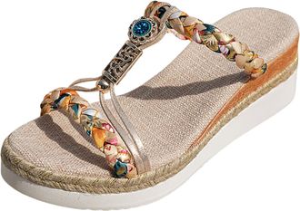 Generic Womens Espadrille Wedge Slides Bohemia Summer Vintage Beach With Flower Glitzy Jewels Outdoor Walking Slides Casual Summer Shoes