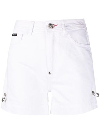 Philipp Plein safety-pin denim shorts - women - Cotton/Cotton/Polyester - 29 - White