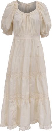 Ulla Johnson Puffed-Sleeve Midi Tiered Dress in Cream Cotton