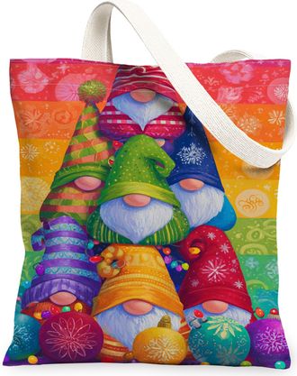 Generic Christmas Gnomes Canvas Tote Bags, Colorful Holiday Design Lightweight Washable Grocery Bags for Travel Beach Picnic, Multicolor, 13x15 Inch