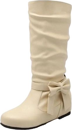 Generic Womens Warm Mid Calf Boots Soft Leather Bow Design Wedge Heel Round Toe Fashion Winter Footwear