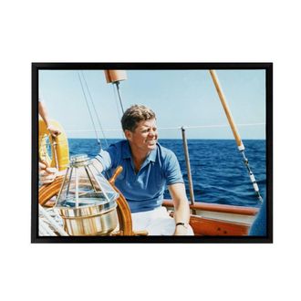 Artery8 President John F Kennedy JFK At Yacht Wheel Framed Canvas Wall Art Print in Blue | Size: W24 x H32