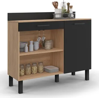 IDMarket Credenza Bassa 100 Cm Cina Piano Di Lavoro H.83 Cm 1 Anta + 1 Cassetto Finitura Faggio E Nero