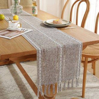 No Brand Camino De Mesa, Estilo Bohemio, Color Crema, Estilo R&uacute;stico, Borlas, Lavable, Ideal Para Fiestas Y Decoraci&oacute;n De Bodas, 6 Rayas Marrones, 33 X 143 Cm