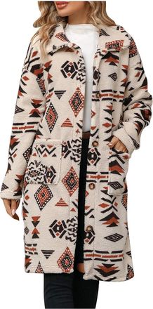 Generic Aztec Overcoats for Women Ethnic Style Geometric Print Winter Coats Button Down Long Sleeve Lapel Long Jackets