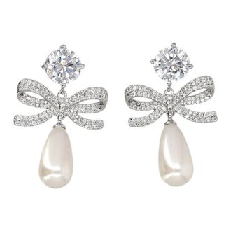 Self Portrait Crystal Bow Pearl Earrings - Dames - Oorbellen - Grijs - ONE Size - Accessoires