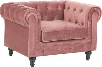 Beliani Sill&oacute;n Chesterfield Tapizado En Tela De Terciopelo Rosa Patas De Madera Oscura Estilo Contempor&aacute;neo Chesterfield