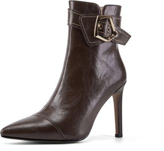 TinaCus Womens Handmade Genuine Leather Ankle Belt Side Zip Pointed Toe High Stiletto Heel Ankle Boots, Apricot, 6 UK