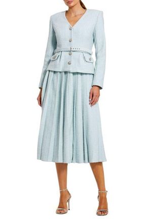 Mac Duggal Long Sleeve Boucl&eacute; Midi Dress with V-Neck and Decorative Buttons in Powder Blue at Nordstrom, Size 14