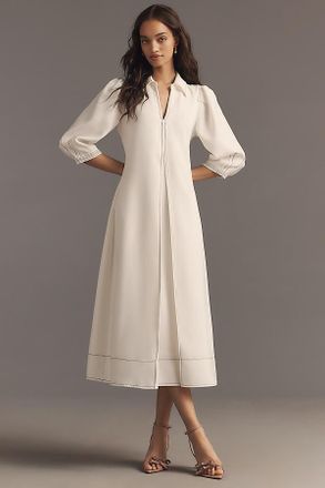 English Factory Long-Sleeve Collared Center-Pleat A-Line Midi Dress