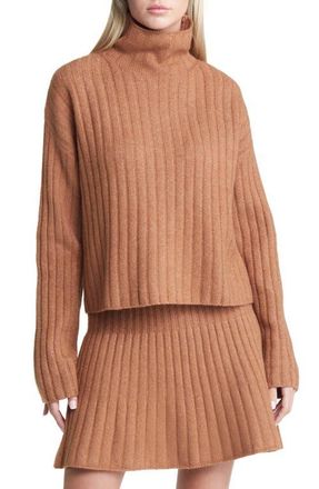 Open Edit Womens Cotton Blend Rib Funnel Neck Sweater in Brown Toffee at Nordstrom, Size Large